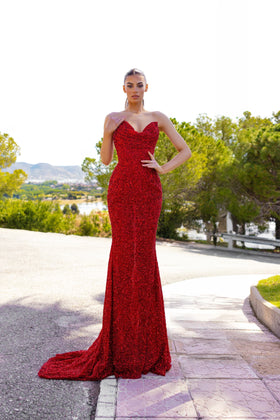 Chic and Holland AR330319 Strapless Sweetheart Sequin Evening Gown with Open Back and Train