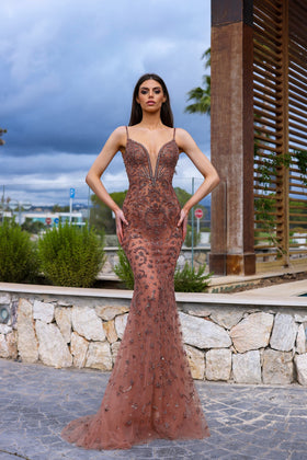 Chic and Holland AR330331 Sweetheart Long Sleeve Beaded Mermaid Evening Gown with Train