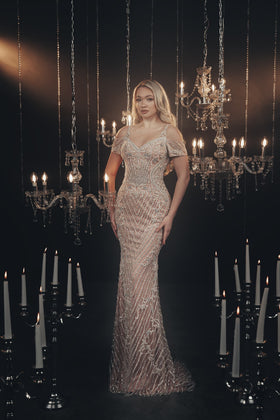 Chic and Holland HF110111 V-Neck Short Sleeve Beaded Column Prom Gown with Low Back and Train