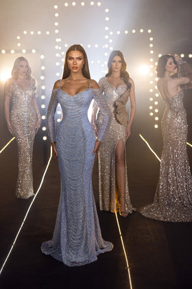 Chic and Holland HF110131 Off-the-Shoulder Sweetheart Long Sleeve Sequin Sheath Prom Gown