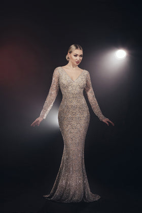 Chic and Holland HF110139 V-Neck Long Sleeve Beaded Column Evening Gown with Train
