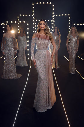 Chic and Holland HF110155 Off-the-Shoulder Long Sleeve Beaded Mermaid Evening Gown with Ruffle Detail