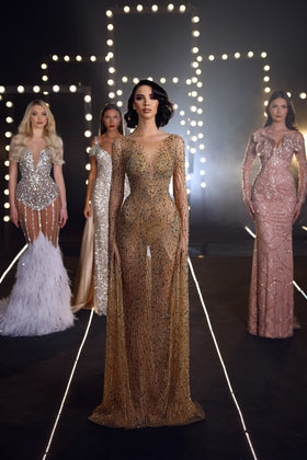 Chic and Holland HF110165 V-Neck Long Sleeve Beaded Column Evening Gown