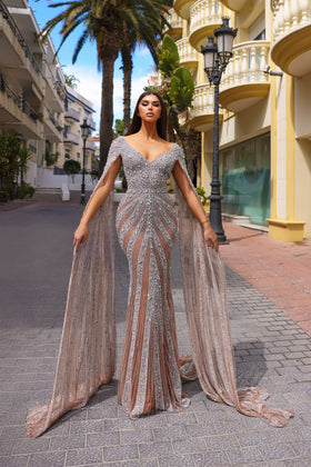 Chic and Holland HF110276 V-Neck Beaded Column Prom Gown with Low Back and Train