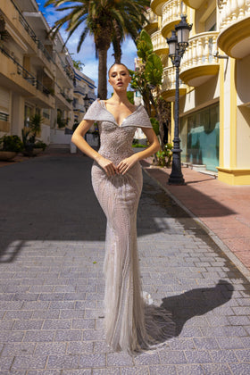 Chic and Holland HF110282 Off-the-Shoulder Cap Sleeve Beaded Mermaid Evening Gown with Train
