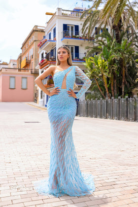 Chic and Holland HF110289 One-Shoulder One Sleeve Beaded Prom Gown with Train