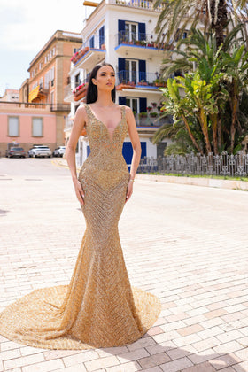 Chic and Holland HF110300 V-Neck Beaded Prom Gown with Low Back and Train
