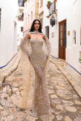 Chic and Holland HF110307 Off-the-Shoulder Sweetheart Beaded Column Prom Gown with Train