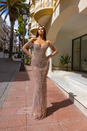 Chic and Holland HF110309 Off-the-Shoulder Sweetheart Beaded Column Prom Gown with Train