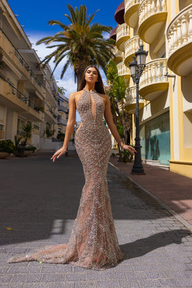 Chic and Holland HF110310 Halter Neck Beaded Column Prom Gown with Low Back and Train