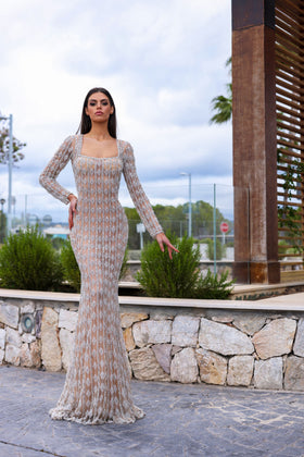 Chic and Holland HF110318 Long Sleeve Beaded Prom Gown with Train