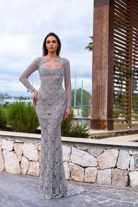Chic and Holland HF110322 Sweetheart Long Sleeve Beaded Column Prom Gown with Train