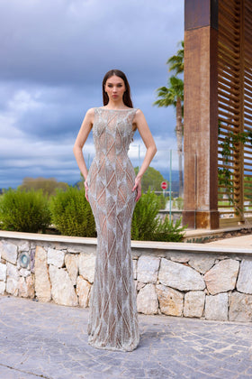 Chic and Holland HF110326 Boat Neck Beaded Column Prom Gown with Low Back and Train