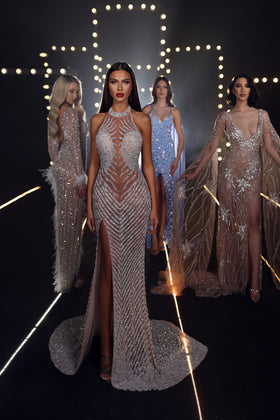 Chic and Holland HF110333 Halter Neck Beaded Column Prom Gown with Slit and Train