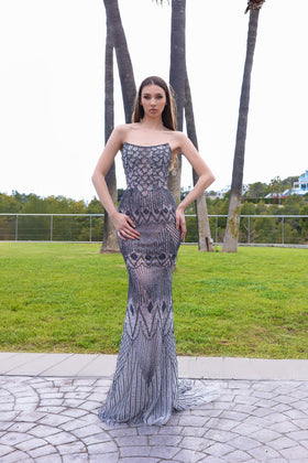 Chic and Holland HF110337 Off-the-Shoulder Beaded Prom Gown with Train