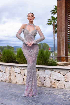 Chic and Holland HF110339 Off-the-Shoulder Beaded Column Prom Dress with Low Back and Slit