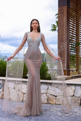 Chic and Holland HF110357 V-Neck Beaded Prom Gown with Train