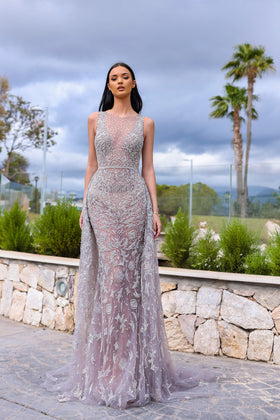 Chic and Holland HF110367 Off-the-Shoulder Beaded Prom Gown with Train and Overskirt