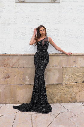 Chic and Holland HF110369 One-Shoulder Beaded Prom Gown with Train