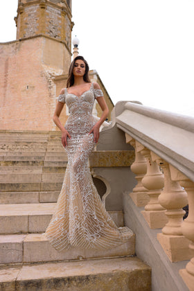 Chic and Holland HF110385 Off-the-Shoulder Spaghetti Strap Beaded Prom Gown with Train