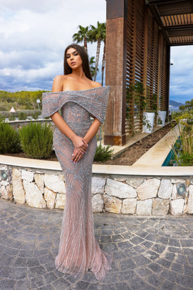 Chic and Holland HF110387 Off-the-Shoulder Beaded Evening Gown with Train