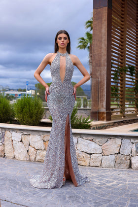 Chic and Holland HF110390 Halter Neck Beaded Evening Gown with Low Back and Slit