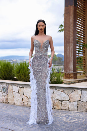 Chic and Holland HF110393 Off-the-Shoulder Sweetheart Beaded Column Prom Gown with Back Slit