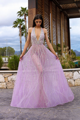 Chic and Holland HF110413 Halter Neck Embroidered Mermaid Evening Gown with Low Back
