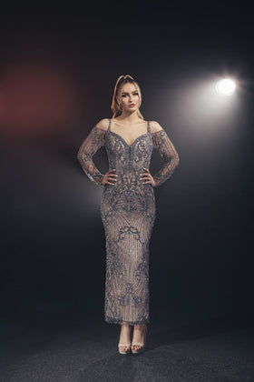 Chic and Holland MD110088 Sweetheart Long Sleeve Beaded Prom Gown