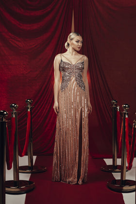 Chic and Holland ZAP120007 Spaghetti Strap Beaded Column Prom Dress with Open Back and Slit