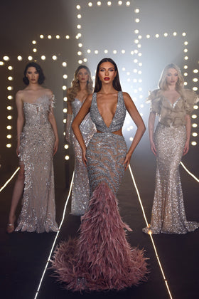 Chic and Holland ZRH440005 V-Neck Beaded Mermaid Evening Gown with Open Back and Ruffle Detail