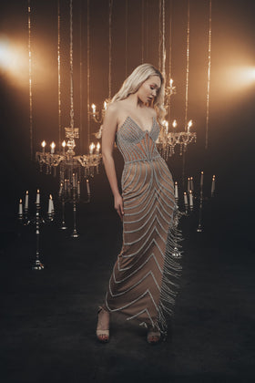 Chic and Holland ZRH440014 V-Neck Beaded Cocktail Dress with Slit