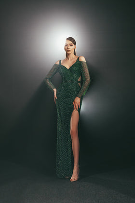Chic and Holland HF110226 V-Neck Long Sleeve Beaded Column Prom Gown with Low Back and Slit