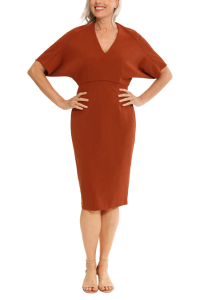 London Times T7055M Sequoia Short Dolman Sleeve Sheath Dress with V-Neck, Scuba Crepe, Slit Detail