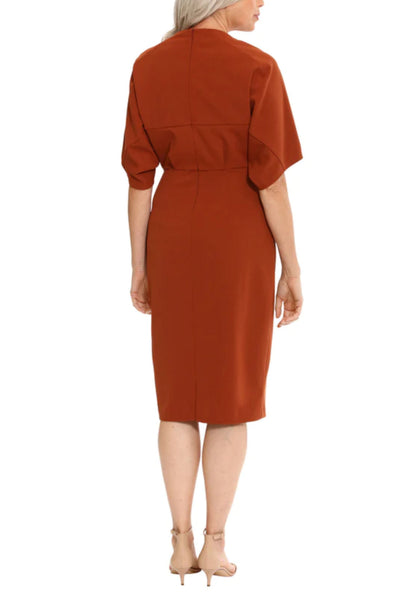 London Times T7055M Sequoia Short Dolman Sleeve Sheath Dress with V-Neck, Scuba Crepe, Slit Detail