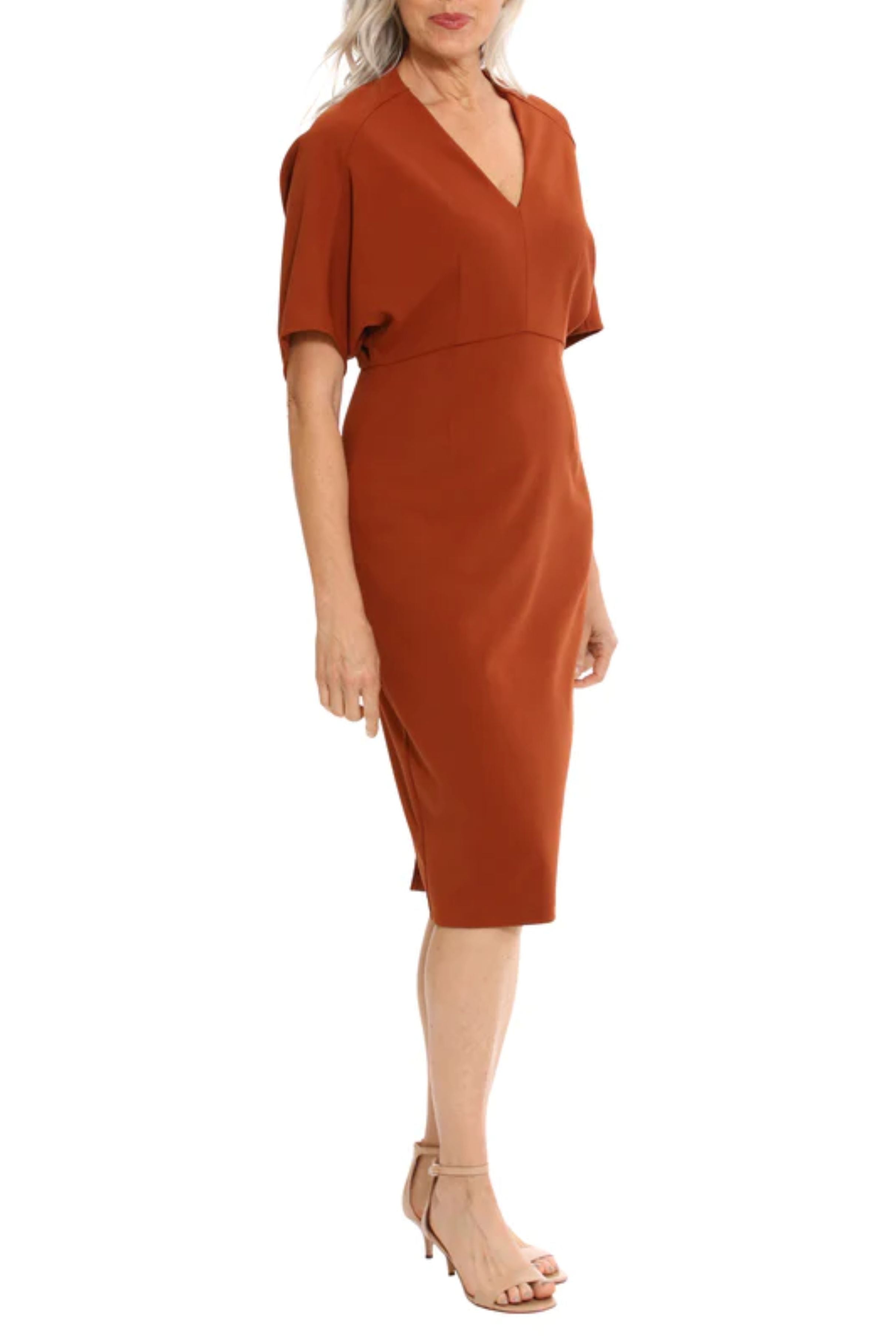 London Times T7055M Sequoia Short Dolman Sleeve Sheath Dress with V-Neck, Scuba Crepe, Slit Detail
