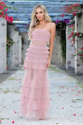 Georgia Blush Strapless Tulle Ruffle Formal Maxi Dress