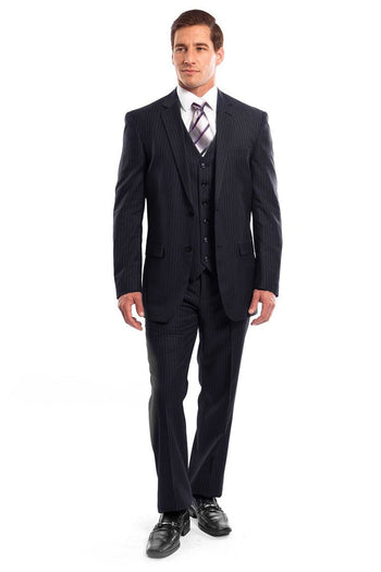 Traje de negocios con chaleco de dos botones para hombre en raya diplomática azul marino