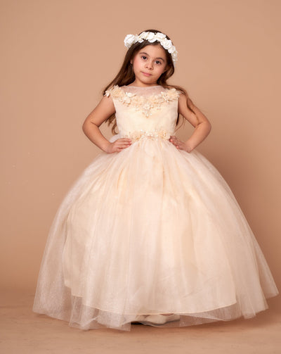 Girls 3D Floral Sleeveless Tulle Gown by Calla D816