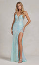 Elegante vestido largo de lentejuelas y encaje con espalda de corsé con cordones