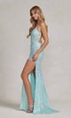 Elegante vestido largo de lentejuelas y encaje con espalda de corsé con cordones