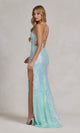 Elegante vestido largo de lentejuelas y encaje con espalda de corsé con cordones