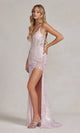 Elegante vestido largo de lentejuelas y encaje con espalda de corsé con cordones