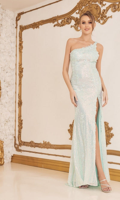 Nox Anabel D1158 Mint Green Long Lace Formal Dress One Shoulder