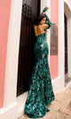 Nox Anabel D1269 Sequin-Print Strapless Prom Dress with Gloves