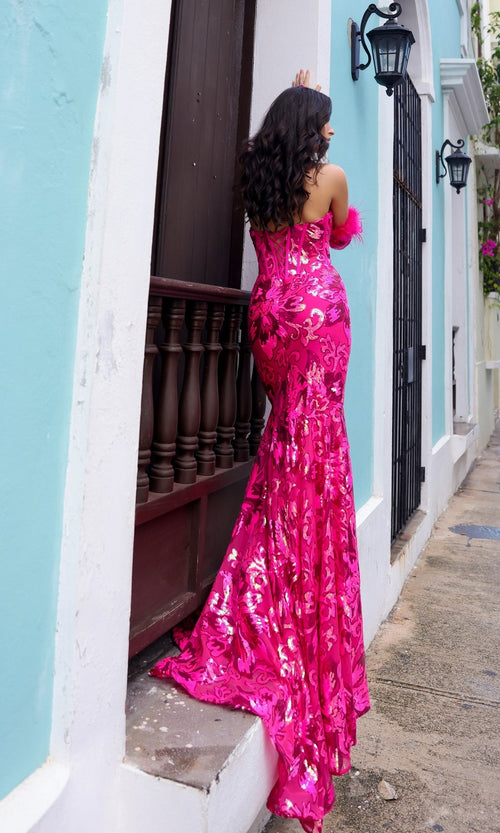 Nox Anabel D1269 Sequin-Print Strapless Prom Dress with Gloves