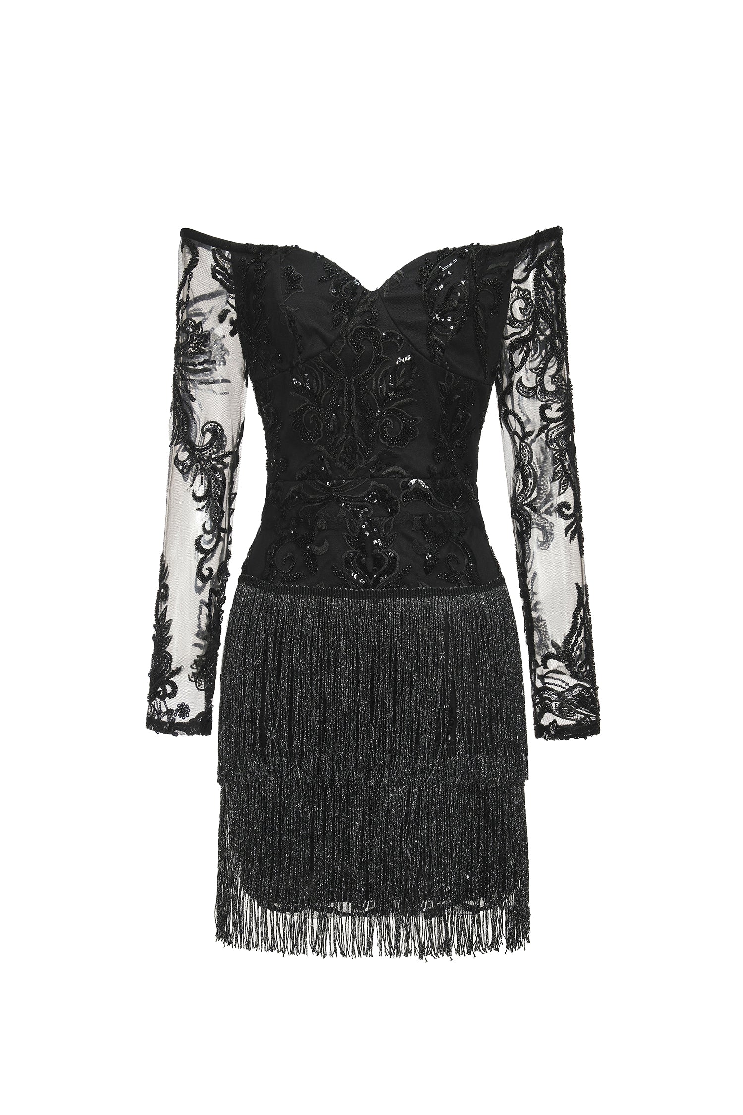 Bella Barnett Ludia Lace Sequins Off Shoulder Fringe Cocktail Party Mini Dress