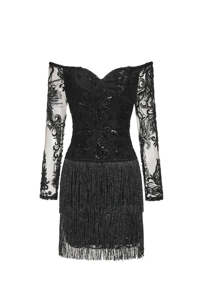 Bella Barnett Ludia Lace Sequins Off Shoulder Fringe Cocktail Party Mini Dress