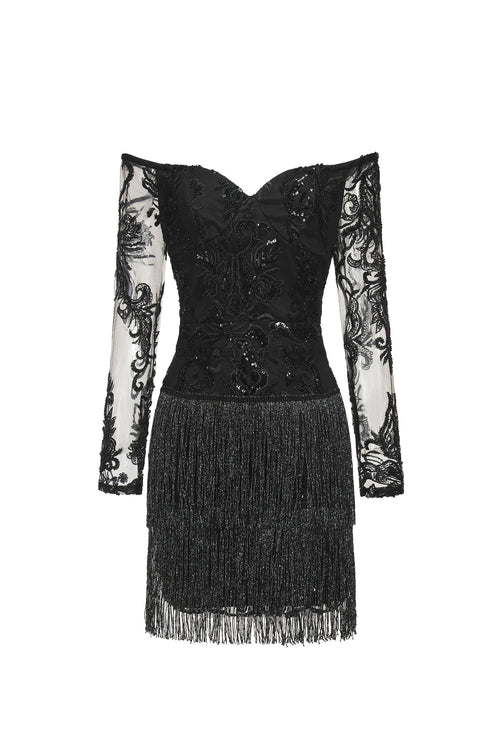 Bella Barnett Ludia Lace Sequins Off Shoulder Fringe Cocktail Party Mini Dress