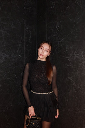 Bella Barnett Kerta Black Crystal Ruffle Mesh Cocktail Party Mini Dress